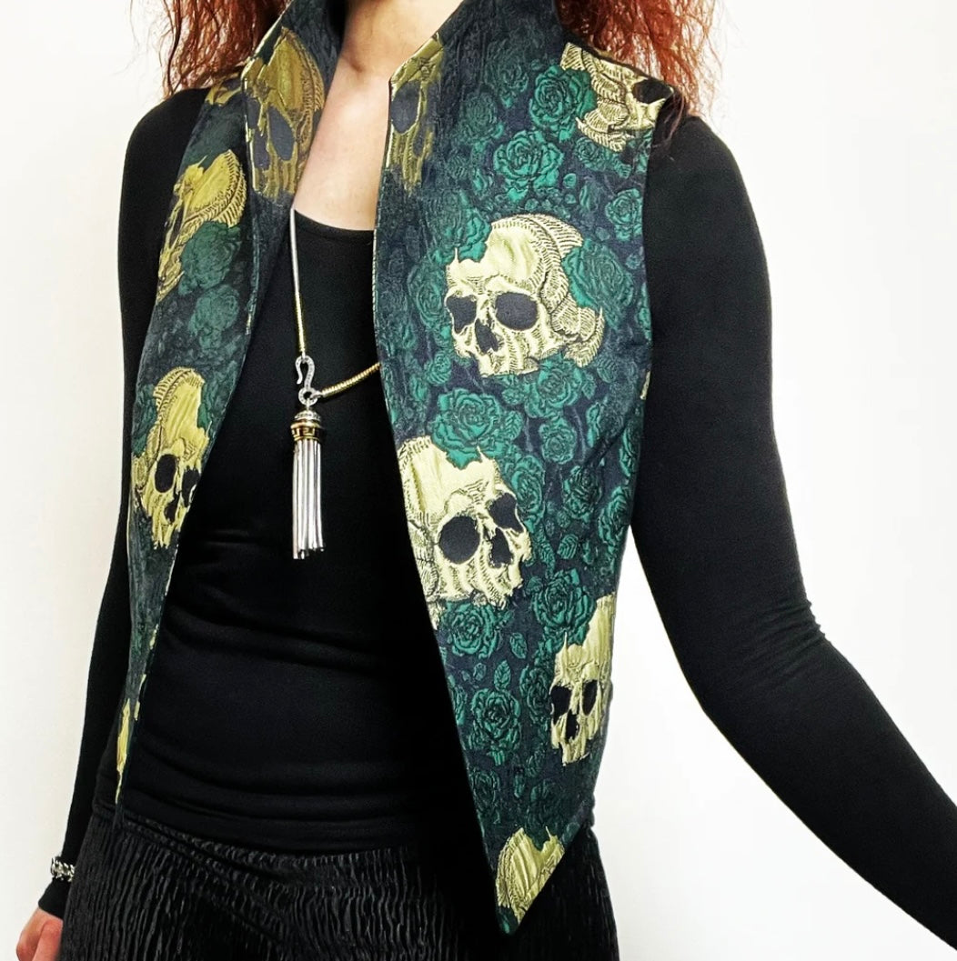 skulls and roses vest jacquard brocade vest ladies apparel stylish clothing handmade in melbourne classy elegant clothing timeless pieces timeless clothing classic style unique clothing unique style ageless style luxe fabrics statement clothing statement style evening style clothing floral vest stand up collar womens clothing made in australia eloise the label