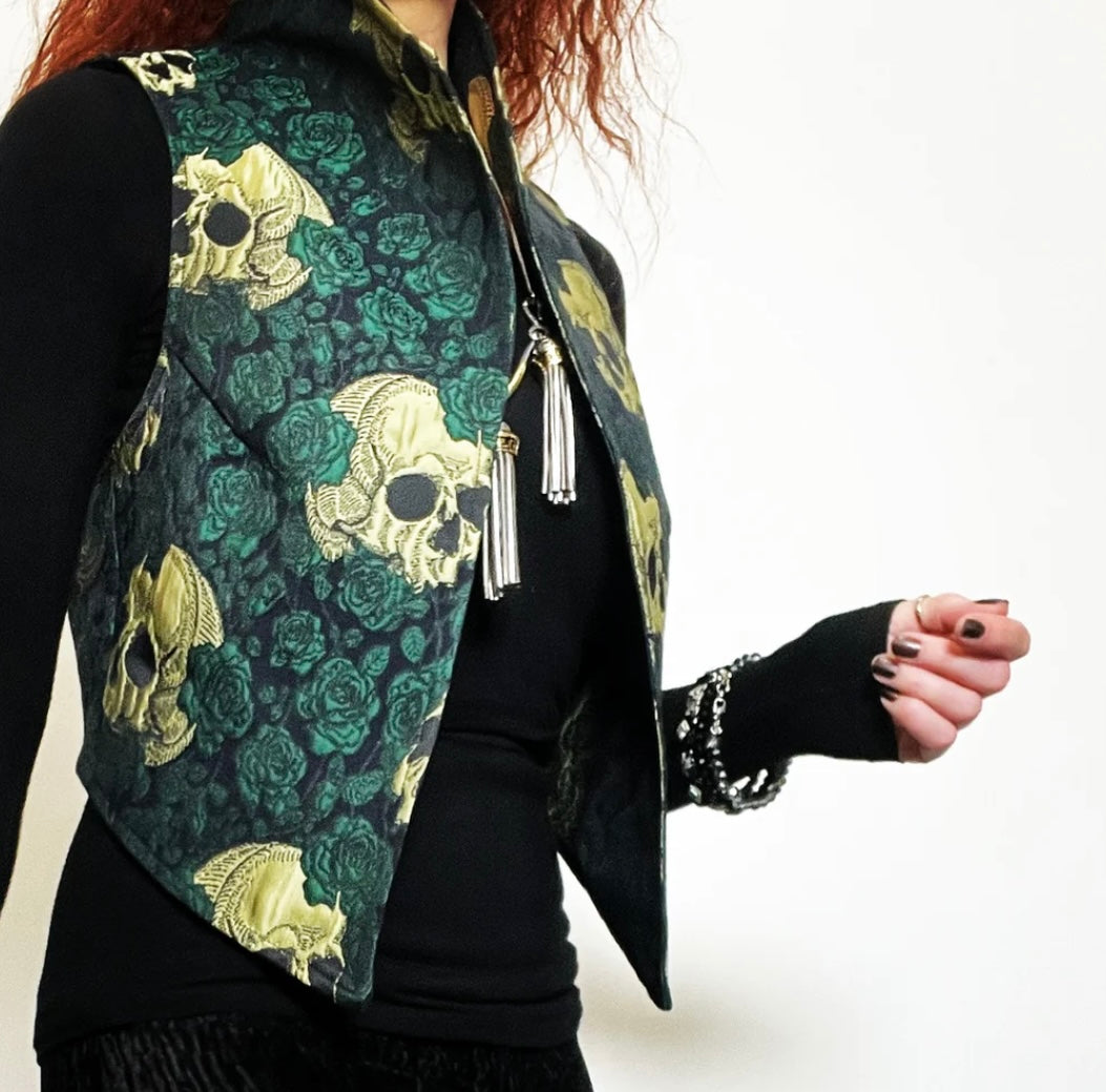 skulls and roses vest jacquard brocade vest ladies apparel stylish clothing handmade in melbourne classy elegant clothing timeless pieces timeless clothing classic style unique clothing unique style ageless style luxe fabrics statement clothing statement style evening style clothing floral vest stand up collar womens clothing made in australia eloise the label