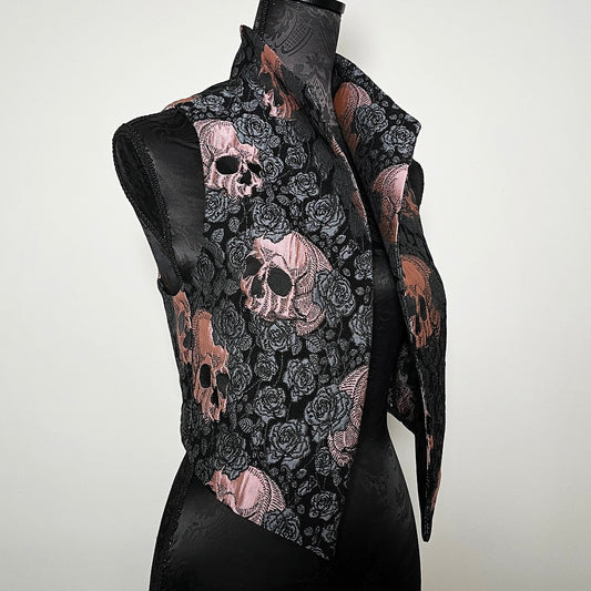 skulls and roses vest jacquard brocade vest ladies apparel stylish clothing handmade in melbourne classy elegant clothing timeless pieces timeless clothing classic style unique clothing unique style ageless style luxe fabrics statement clothing statement style evening style clothing floral vest stand up collar womens clothing made in australia eloise the label