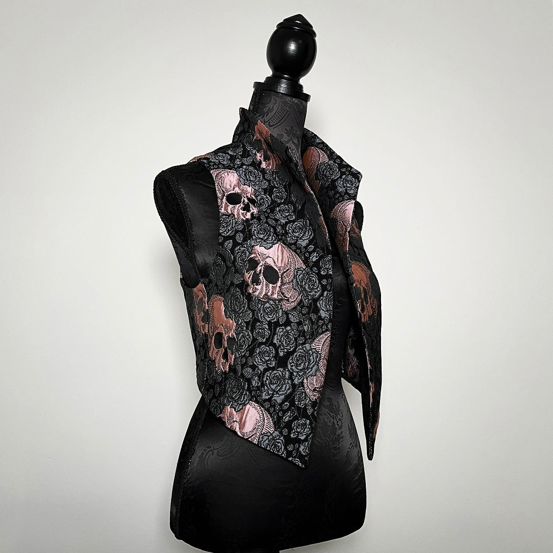 skulls and roses vest jacquard brocade vest ladies apparel stylish clothing handmade in melbourne classy elegant clothing timeless pieces timeless clothing classic style unique clothing unique style ageless style luxe fabrics statement clothing statement style evening style clothing floral vest stand up collar womens clothing made in australia eloise the label