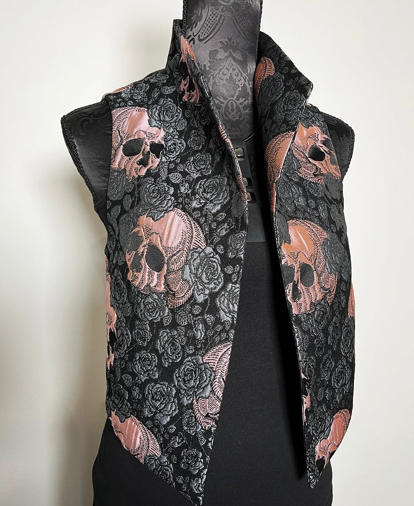 skulls and roses vest jacquard brocade vest ladies apparel stylish clothing handmade in melbourne classy elegant clothing timeless pieces timeless clothing classic style unique clothing unique style ageless style luxe fabrics statement clothing statement style evening style clothing floral vest stand up collar womens clothing made in australia eloise the label