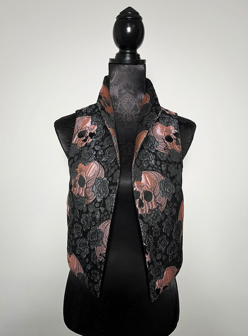 skulls and roses vest jacquard brocade vest ladies apparel stylish clothing handmade in melbourne classy elegant clothing timeless pieces timeless clothing classic style unique clothing unique style ageless style luxe fabrics statement clothing statement style evening style clothing floral vest stand up collar womens clothing made in australia eloise the label