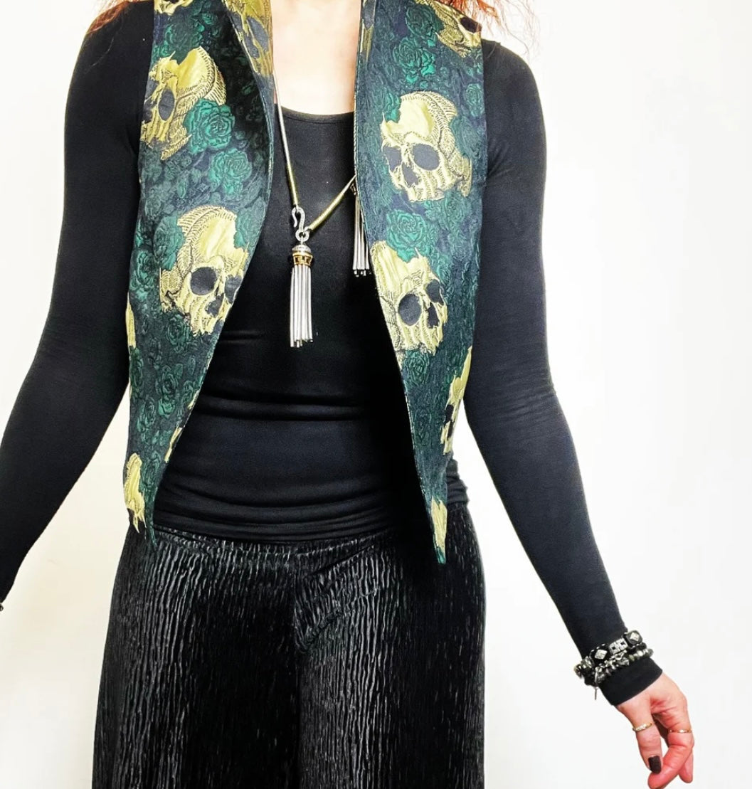 skulls and roses vest jacquard brocade vest ladies apparel stylish clothing handmade in melbourne classy elegant clothing timeless pieces timeless clothing classic style unique clothing unique style ageless style luxe fabrics statement clothing statement style evening style clothing floral vest stand up collar womens clothing made in australia eloise the label