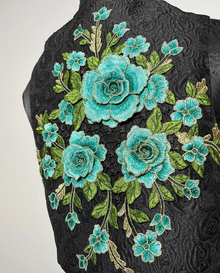 blue floral embroidered vest black jacquard brocade vest ladies apparel stylish clothing handmade in melbourne classy elegant clothing timeless pieces timeless clothing classic style unique clothing unique style ageless style luxe fabrics statement clothing statement style evening style bold clothing floral vest stand up collar womens clothing made in australia eloise the label