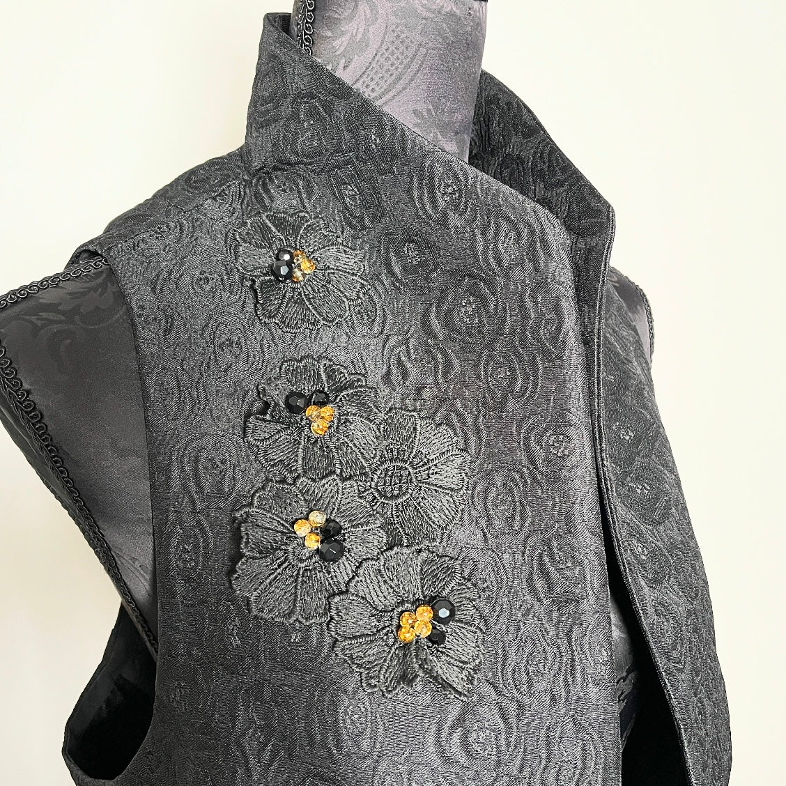 Nikita Vest - Black floral jacquard with beaded lace motifs - One Of A Kind