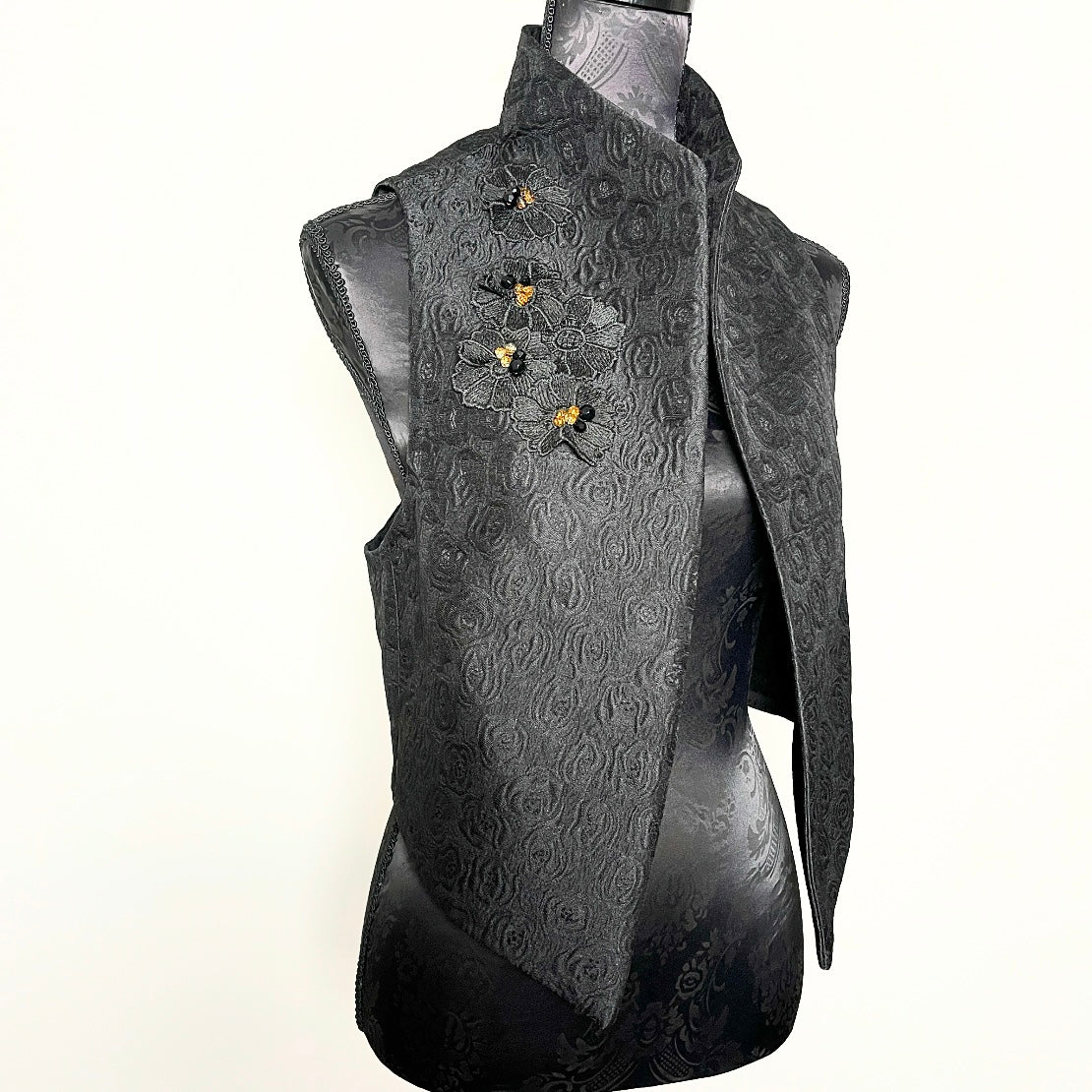 Nikita Vest - Black floral jacquard with beaded lace motifs - One Of A Kind