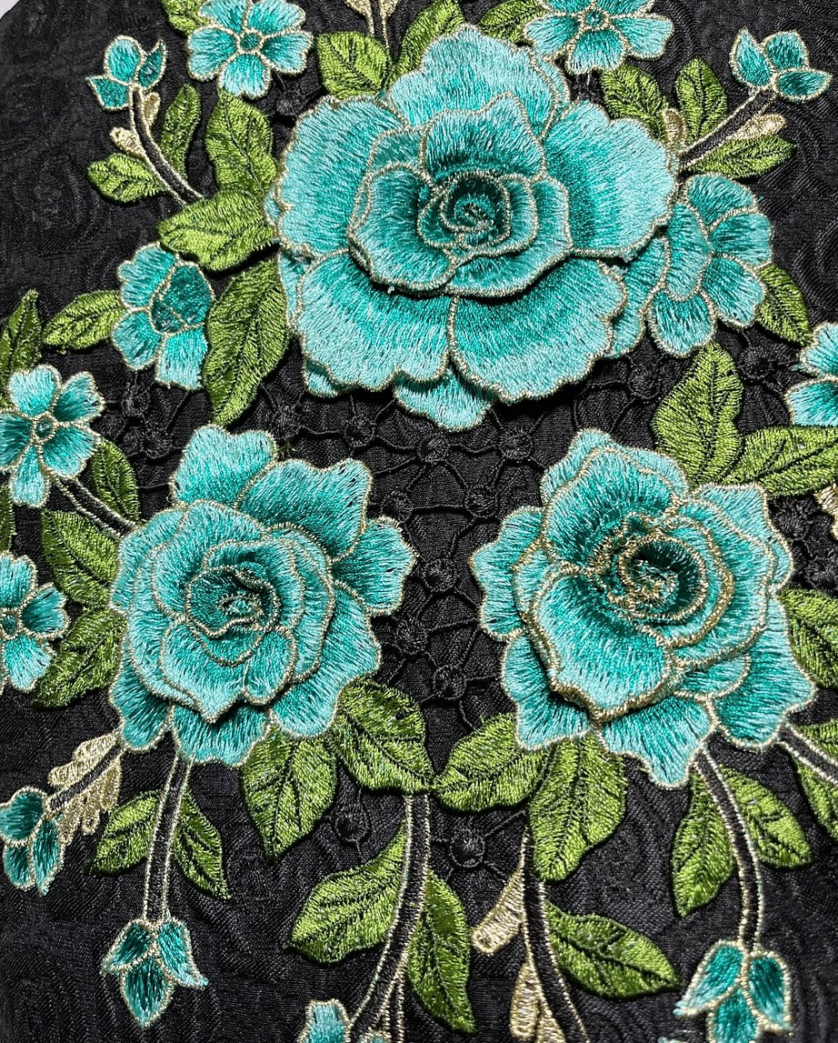 blue floral embroidered vest black jacquard brocade vest ladies apparel stylish clothing handmade in melbourne classy elegant clothing timeless pieces timeless clothing classic style unique clothing unique style ageless style luxe fabrics statement clothing statement style evening style bold clothing floral vest stand up collar womens clothing made in australia eloise the label