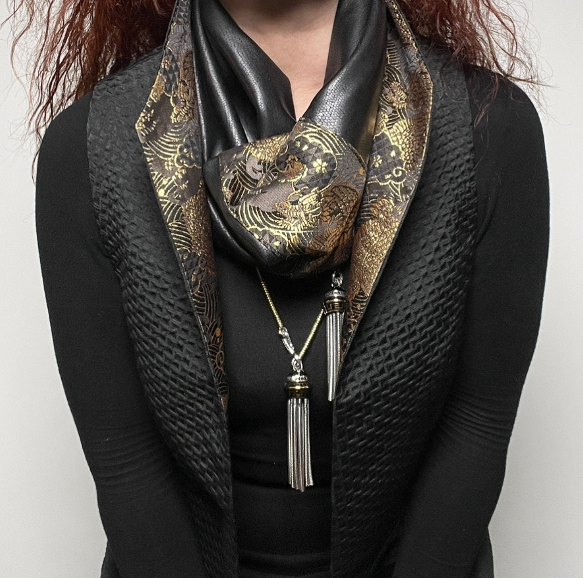 brocade loop infinity scarf faux leather scarf dragon serpent brocade scarf ladies apparel stylish clothing handmade in melbourne classy elegant clothing timeless pieces timeless clothing classic style unique clothing unique style ageless style luxe fabrics statement clothing statement style evening style clothing floral vest stand up collar womens clothing made in australia eloise the label