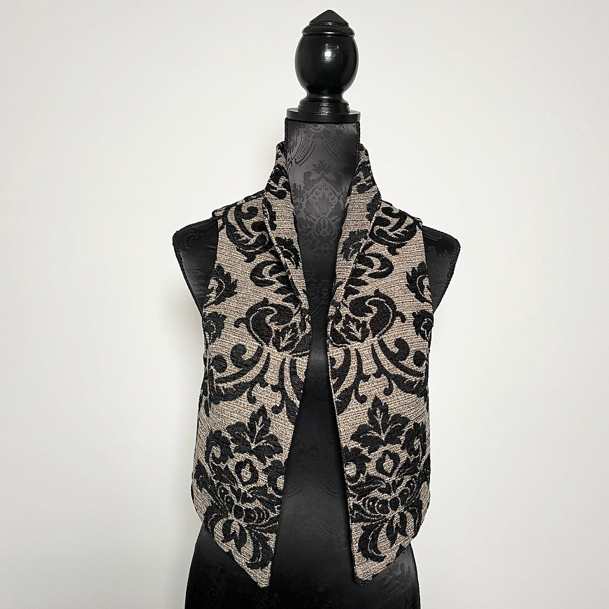 gothic black jacquard brocade vest fleur de lis vest jacquard brocade vest ladies apparel stylish clothing handmade in melbourne classy elegant clothing timeless pieces timeless clothing classic style unique clothing unique style ageless style luxe fabrics statement clothing statement style evening style clothing floral vest stand up collar womens clothing made in australia eloise the label