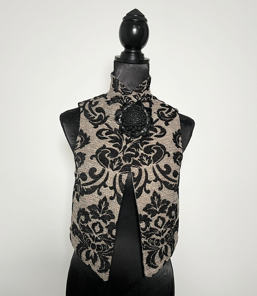 gothic black jacquard brocade vest fleur de lis vest jacquard brocade vest ladies apparel stylish clothing handmade in melbourne classy elegant clothing timeless pieces timeless clothing classic style unique clothing unique style ageless style luxe fabrics statement clothing statement style evening style clothing floral vest stand up collar womens clothing made in australia eloise the label