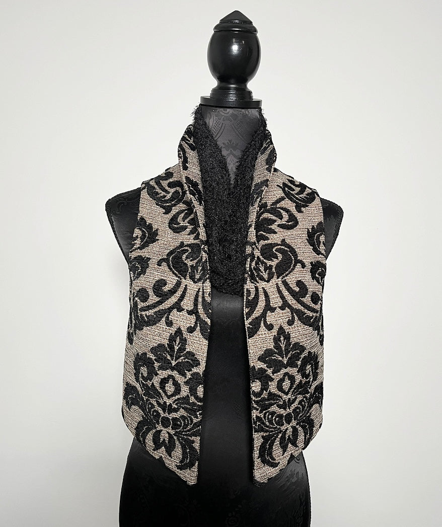 gothic black jacquard brocade vest fleur de lis vest jacquard brocade vest ladies apparel stylish clothing handmade in melbourne classy elegant clothing timeless pieces timeless clothing classic style unique clothing unique style ageless style luxe fabrics statement clothing statement style evening style clothing floral vest stand up collar womens clothing made in australia eloise the label