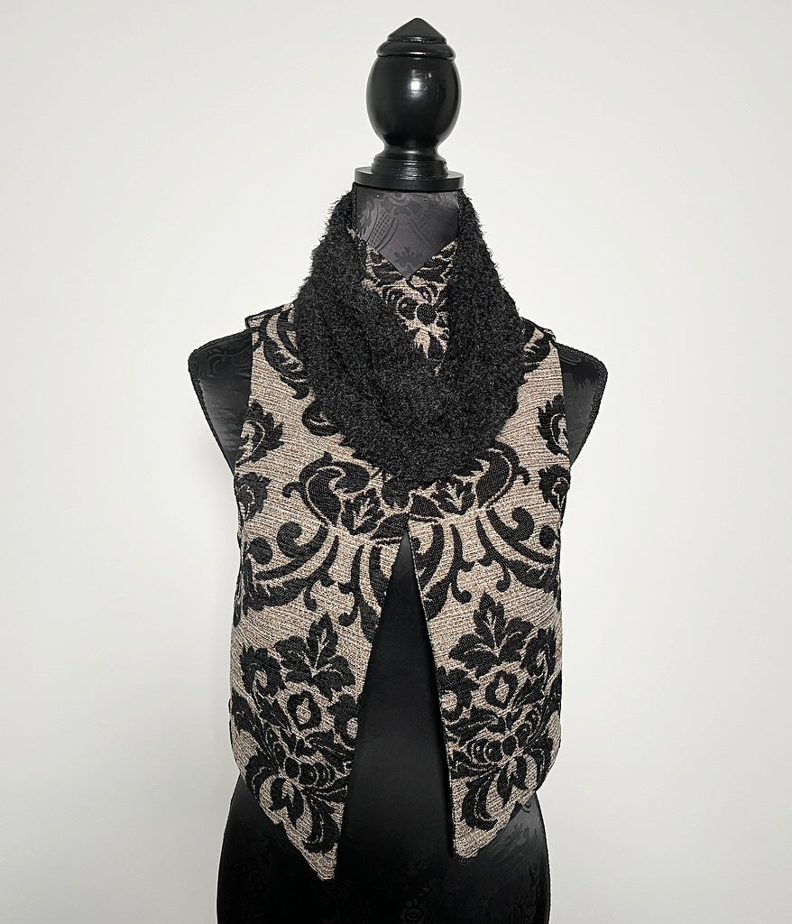 gothic black jacquard brocade vest fleur de lis vest jacquard brocade vest ladies apparel stylish clothing handmade in melbourne classy elegant clothing timeless pieces timeless clothing classic style unique clothing unique style ageless style luxe fabrics statement clothing statement style evening style clothing floral vest stand up collar womens clothing made in australia eloise the label