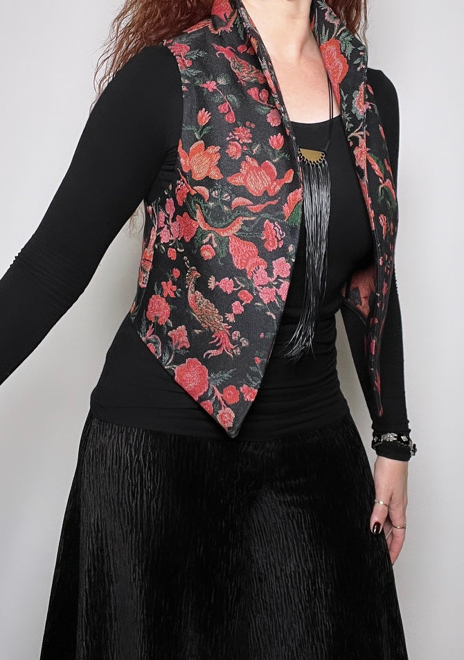 floral vest brocade vest obi belt womens vest ladies apparel stylish clothing handmade in melbourne classy elegant clothing timeless pieces timeless clothing classic style unique clothing unique style ageless style luxe fabrics statement clothing statement style evening style clothing stand up collar luxe jacquard vest womens clothing made in australia one of a kind eloise the label