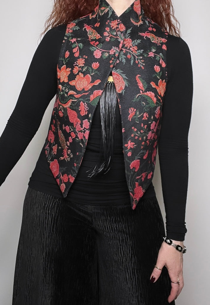 floral vest brocade vest obi belt womens vest ladies apparel stylish clothing handmade in melbourne classy elegant clothing timeless pieces timeless clothing classic style unique clothing unique style ageless style luxe fabrics statement clothing statement style evening style clothing stand up collar luxe jacquard vest womens clothing made in australia one of a kind eloise the label