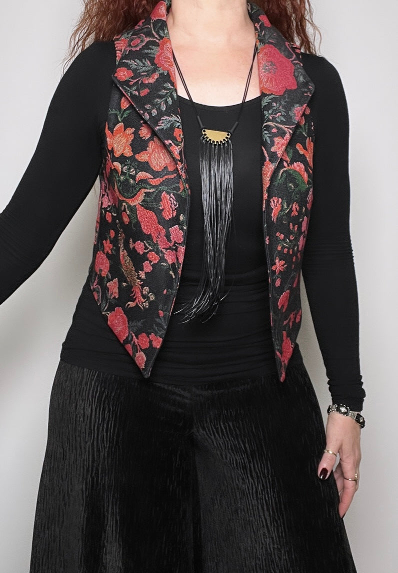 floral vest brocade vest obi belt womens vest ladies apparel stylish clothing handmade in melbourne classy elegant clothing timeless pieces timeless clothing classic style unique clothing unique style ageless style luxe fabrics statement clothing statement style evening style clothing stand up collar luxe jacquard vest womens clothing made in australia one of a kind eloise the label