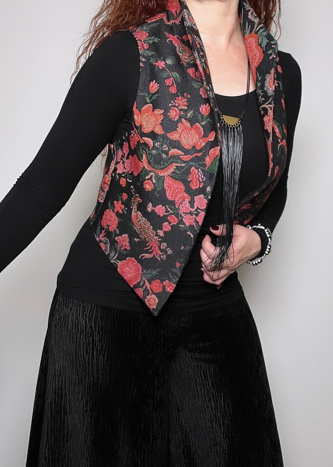 floral vest brocade vest obi belt womens vest ladies apparel stylish clothing handmade in melbourne classy elegant clothing timeless pieces timeless clothing classic style unique clothing unique style ageless style luxe fabrics statement clothing statement style evening style clothing stand up collar luxe jacquard vest womens clothing made in australia one of a kind eloise the label