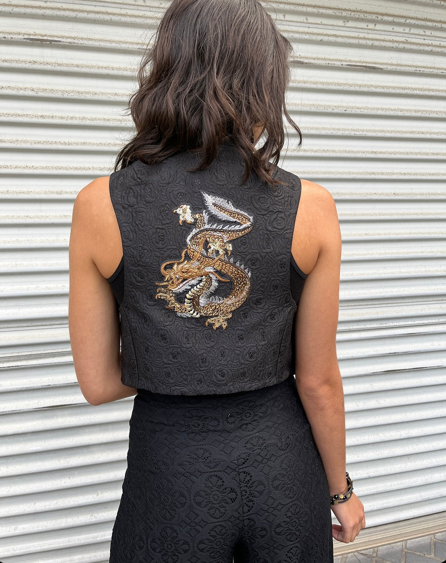 dragon vest roses floral brocade jacquard vest gold brocade ladies apparel stylish clothing handmade in melbourne classy elegant clothing timeless pieces timeless clothing classic style unique clothing unique style ageless style luxe fabrics statement clothing statement style evening style bold clothing floral vest stand up collar womens clothing made in australia eloise the label