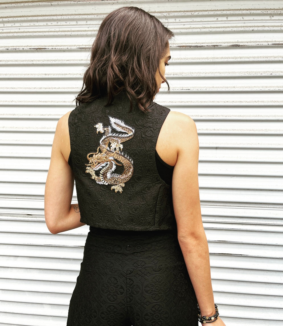 dragon vest roses floral brocade jacquard vest gold brocade ladies apparel stylish clothing handmade in melbourne classy elegant clothing timeless pieces timeless clothing classic style unique clothing unique style ageless style luxe fabrics statement clothing statement style evening style bold clothing floral vest stand up collar womens clothing made in australia eloise the label