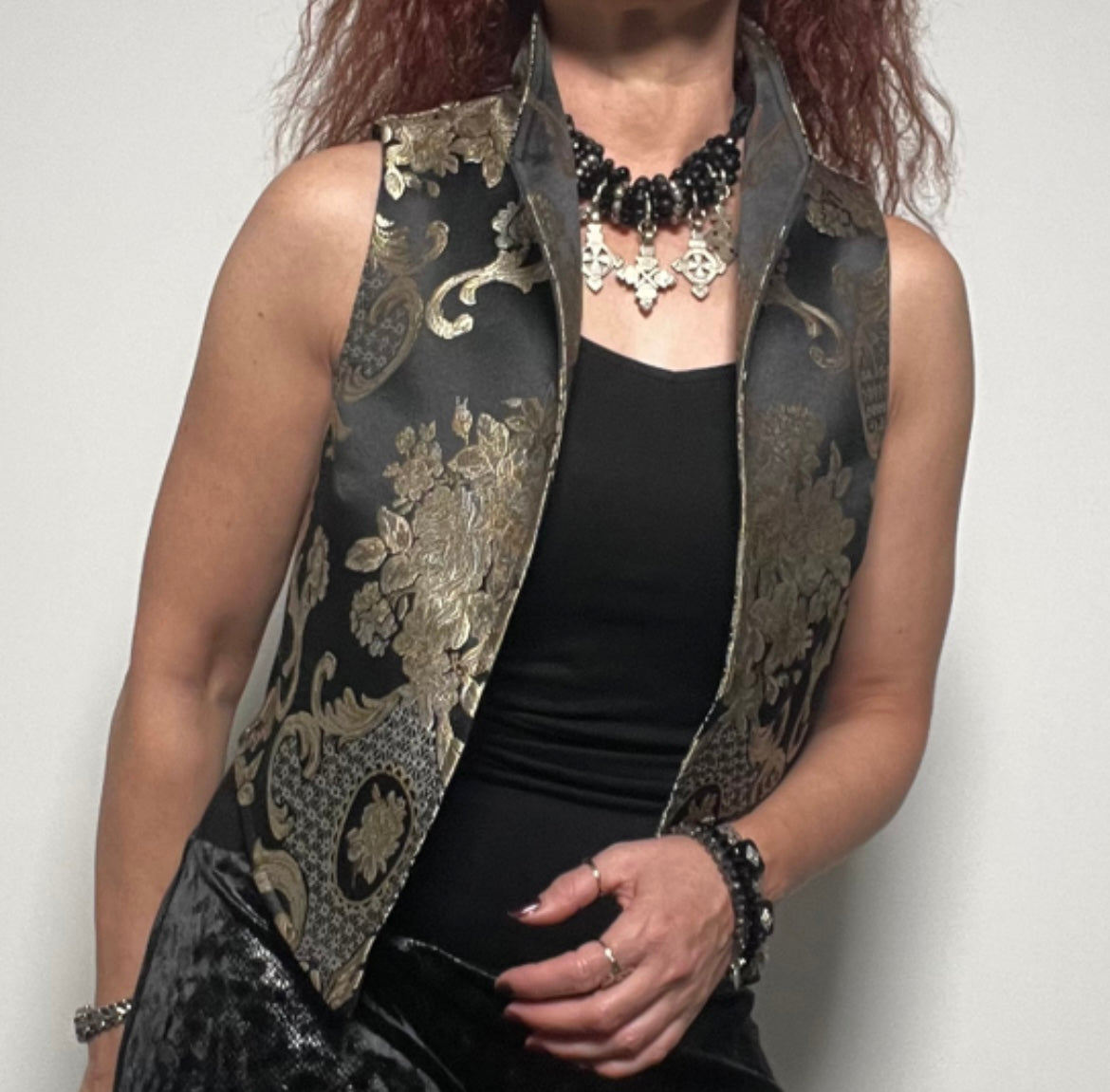 black gold brocade vest evening wear ladies event wear melbourne made eloise the label