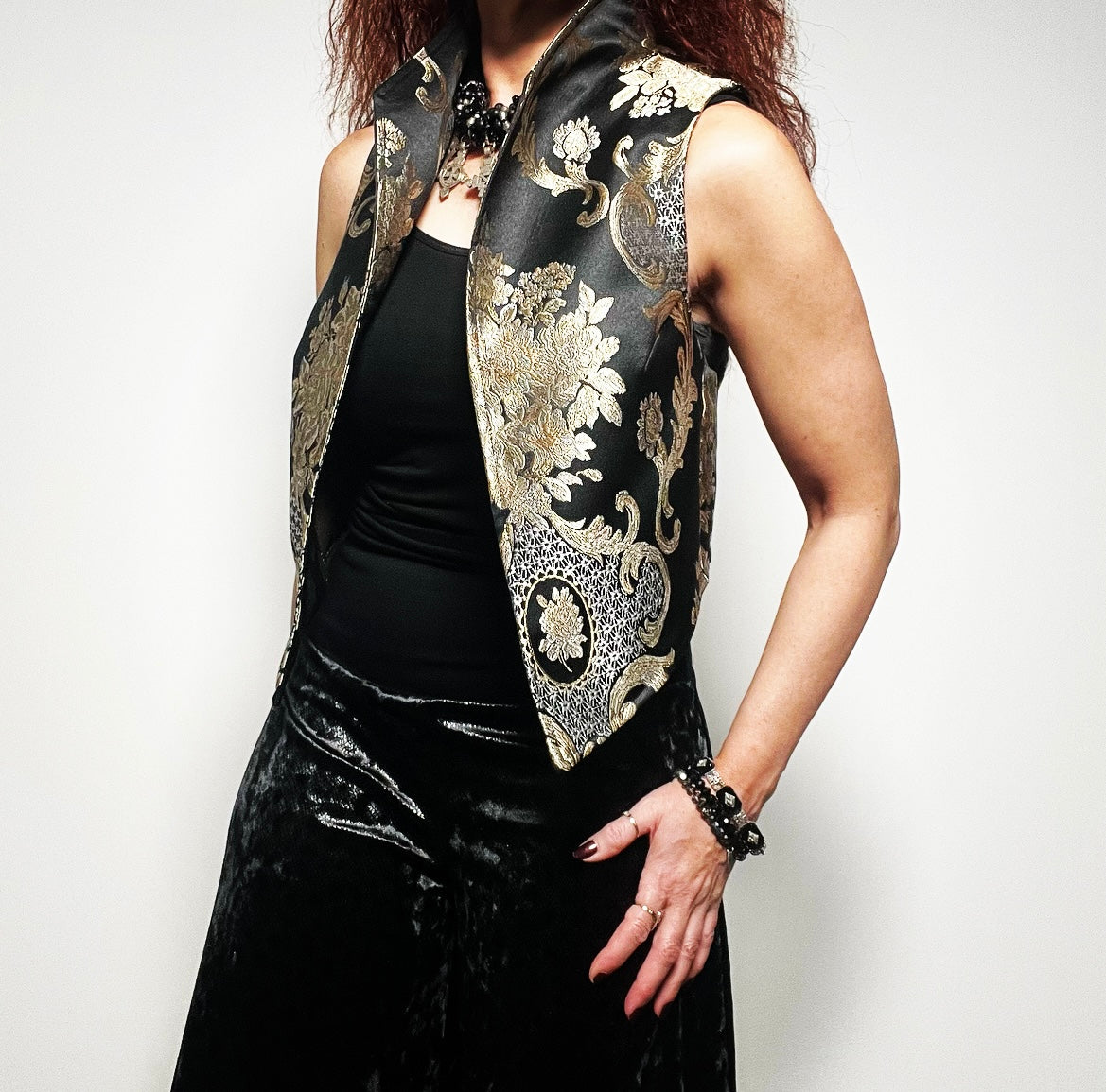 black gold brocade vest evening wear ladies event wear melbourne made eloise the label