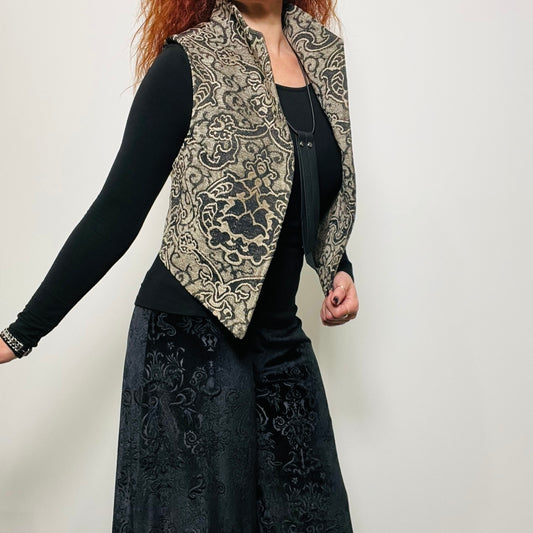 jacquard womens vest ladies apparel stylish clothing handmade in melbourne classy elegant clothing timeless pieces timeless clothing classic style unique clothing unique style ageless style luxe fabrics statement clothing statement style evening style clothing stand up collar vest womens clothing made in australia eloise the label