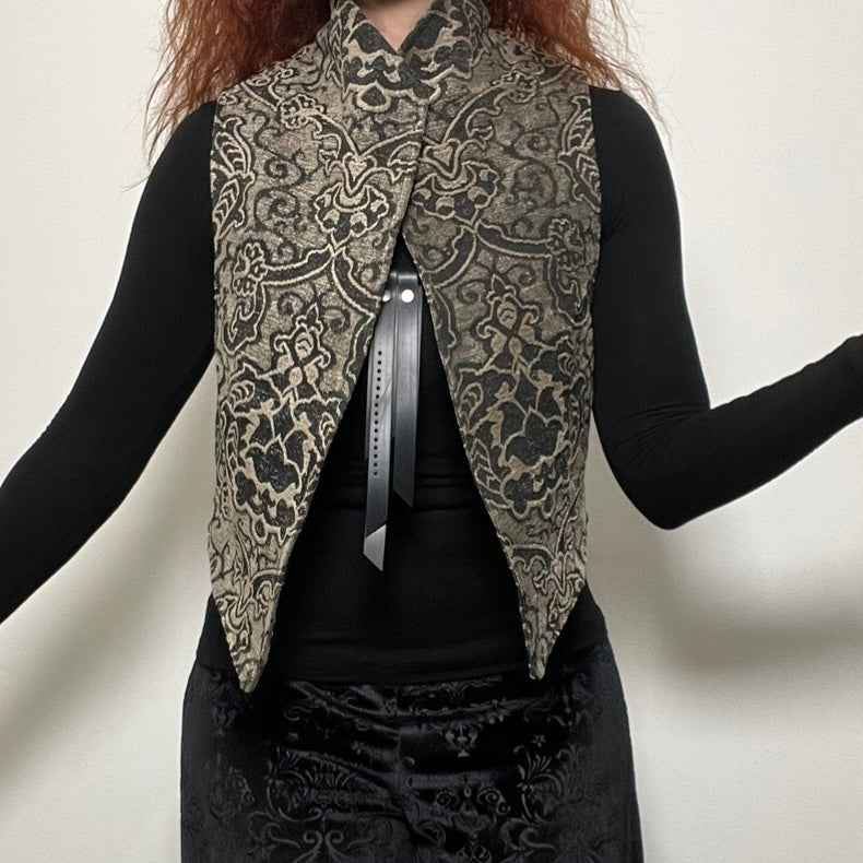 jacquard womens vest ladies apparel stylish clothing handmade in melbourne classy elegant clothing timeless pieces timeless clothing classic style unique clothing unique style ageless style luxe fabrics statement clothing statement style evening style clothing stand up collar vest womens clothing made in australia eloise the label