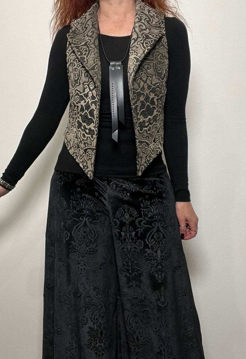 jacquard womens vest ladies apparel stylish clothing handmade in melbourne classy elegant clothing timeless pieces timeless clothing classic style unique clothing unique style ageless style luxe fabrics statement clothing statement style evening style clothing stand up collar vest womens clothing made in australia eloise the label