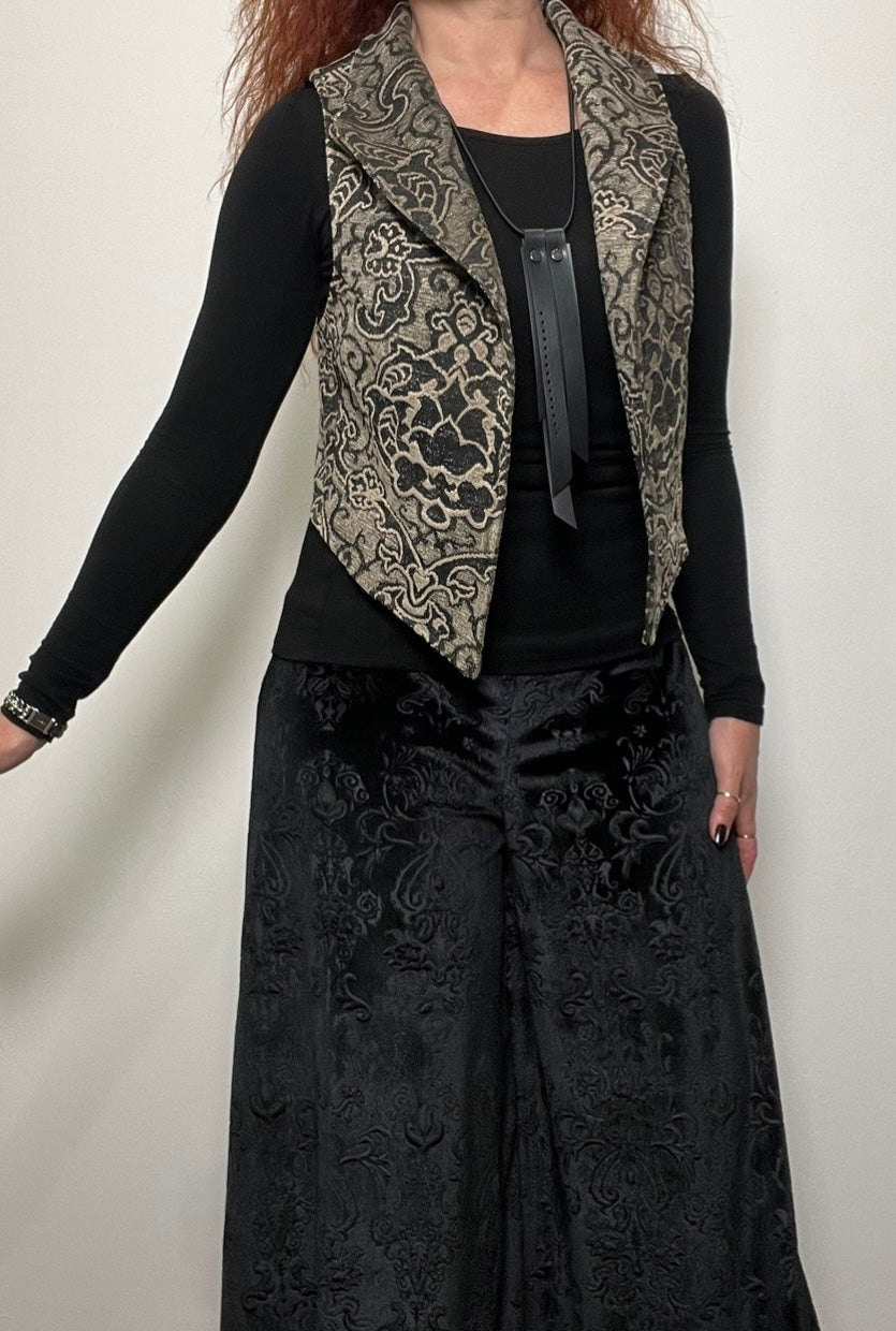 jacquard womens vest ladies apparel stylish clothing handmade in melbourne classy elegant clothing timeless pieces timeless clothing classic style unique clothing unique style ageless style luxe fabrics statement clothing statement style evening style clothing stand up collar vest womens clothing made in australia eloise the label