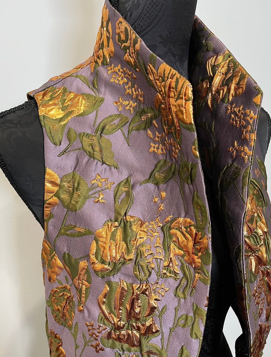floral brocade jacquard vest gold brocade ladies apparel stylish clothing handmade in melbourne classy elegant clothing timeless pieces timeless clothing classic style unique clothing unique style ageless style luxe fabrics statement clothing statement style evening style bold clothing floral vest stand up collar womens clothing made in australia eloise the label