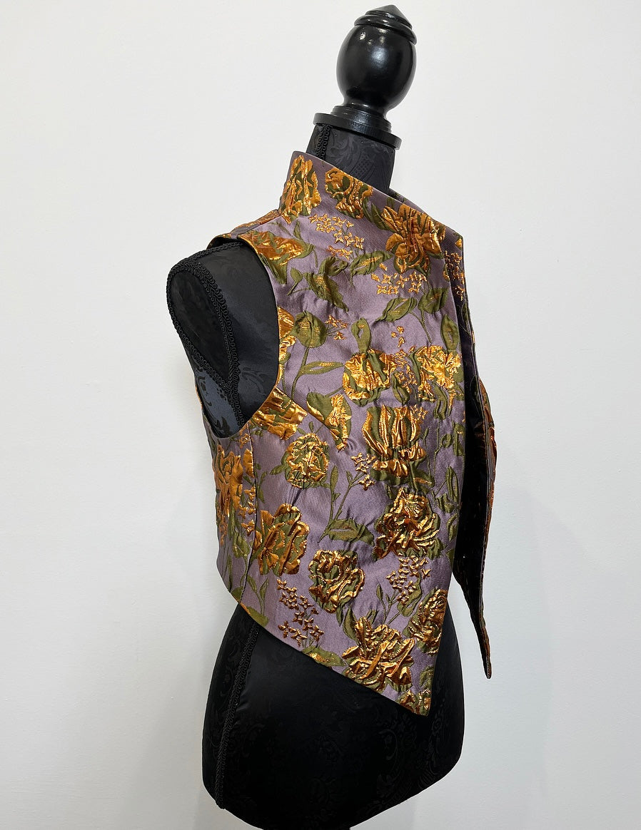 floral brocade jacquard vest gold brocade ladies apparel stylish clothing handmade in melbourne classy elegant clothing timeless pieces timeless clothing classic style unique clothing unique style ageless style luxe fabrics statement clothing statement style evening style bold clothing floral vest stand up collar womens clothing made in australia eloise the label
