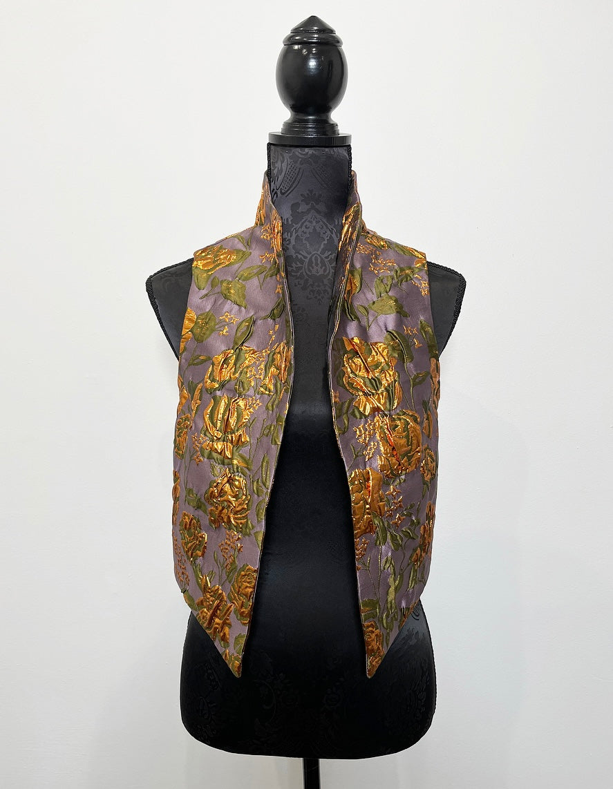floral brocade jacquard vest gold brocade ladies apparel stylish clothing handmade in melbourne classy elegant clothing timeless pieces timeless clothing classic style unique clothing unique style ageless style luxe fabrics statement clothing statement style evening style bold clothing floral vest stand up collar womens clothing made in australia eloise the label