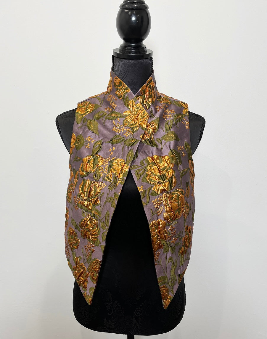 floral brocade jacquard vest gold brocade ladies apparel stylish clothing handmade in melbourne classy elegant clothing timeless pieces timeless clothing classic style unique clothing unique style ageless style luxe fabrics statement clothing statement style evening style bold clothing floral vest stand up collar womens clothing made in australia eloise the label