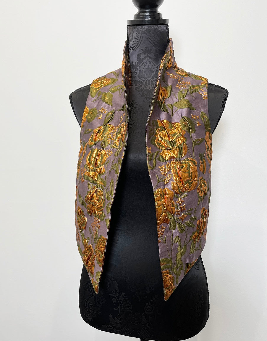 floral brocade jacquard vest gold brocade ladies apparel stylish clothing handmade in melbourne classy elegant clothing timeless pieces timeless clothing classic style unique clothing unique style ageless style luxe fabrics statement clothing statement style evening style bold clothing floral vest stand up collar womens clothing made in australia eloise the label