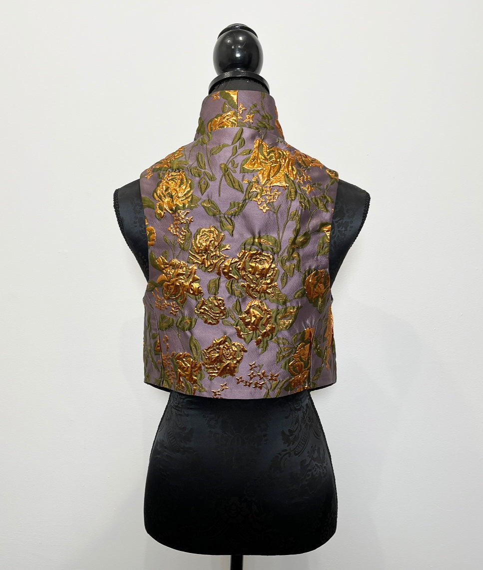 floral brocade jacquard vest gold brocade ladies apparel stylish clothing handmade in melbourne classy elegant clothing timeless pieces timeless clothing classic style unique clothing unique style ageless style luxe fabrics statement clothing statement style evening style bold clothing floral vest stand up collar womens clothing made in australia eloise the label