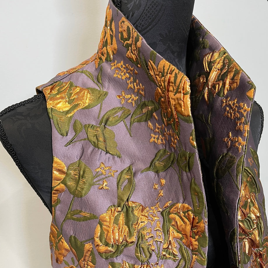 floral brocade jacquard vest gold brocade ladies apparel stylish clothing handmade in melbourne classy elegant clothing timeless pieces timeless clothing classic style unique clothing unique style ageless style luxe fabrics statement clothing statement style evening style bold clothing floral vest stand up collar womens clothing made in australia eloise the label