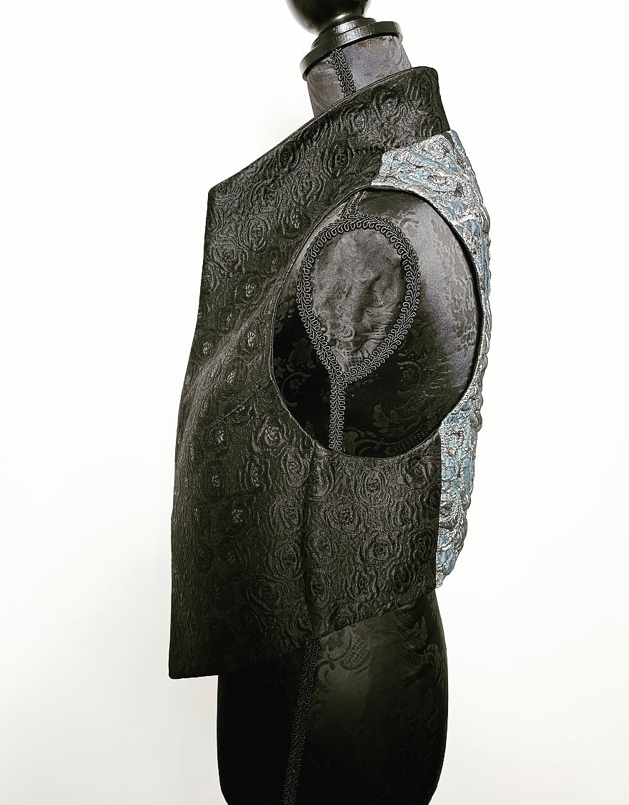 black floral brocade jacquard vest silver brocade ladies apparel stylish clothing handmade in melbourne classy elegant clothing timeless pieces timeless clothing classic style unique clothing unique style ageless style luxe fabrics statement clothing statement style evening style bold clothing floral vest stand up collar womens clothing made in australia eloise the label