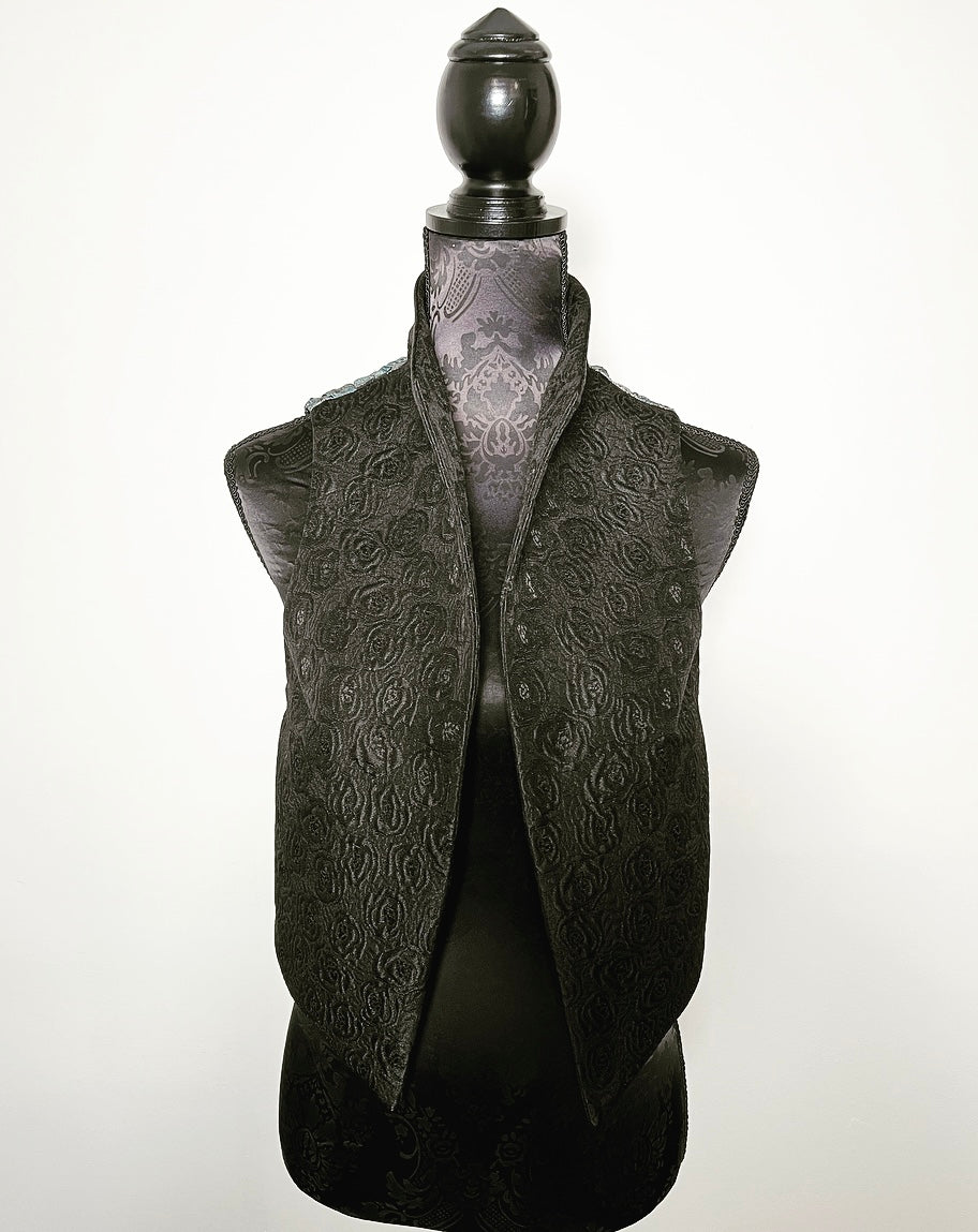black floral brocade jacquard vest silver brocade ladies apparel stylish clothing handmade in melbourne classy elegant clothing timeless pieces timeless clothing classic style unique clothing unique style ageless style luxe fabrics statement clothing statement style evening style bold clothing floral vest stand up collar womens clothing made in australia eloise the label