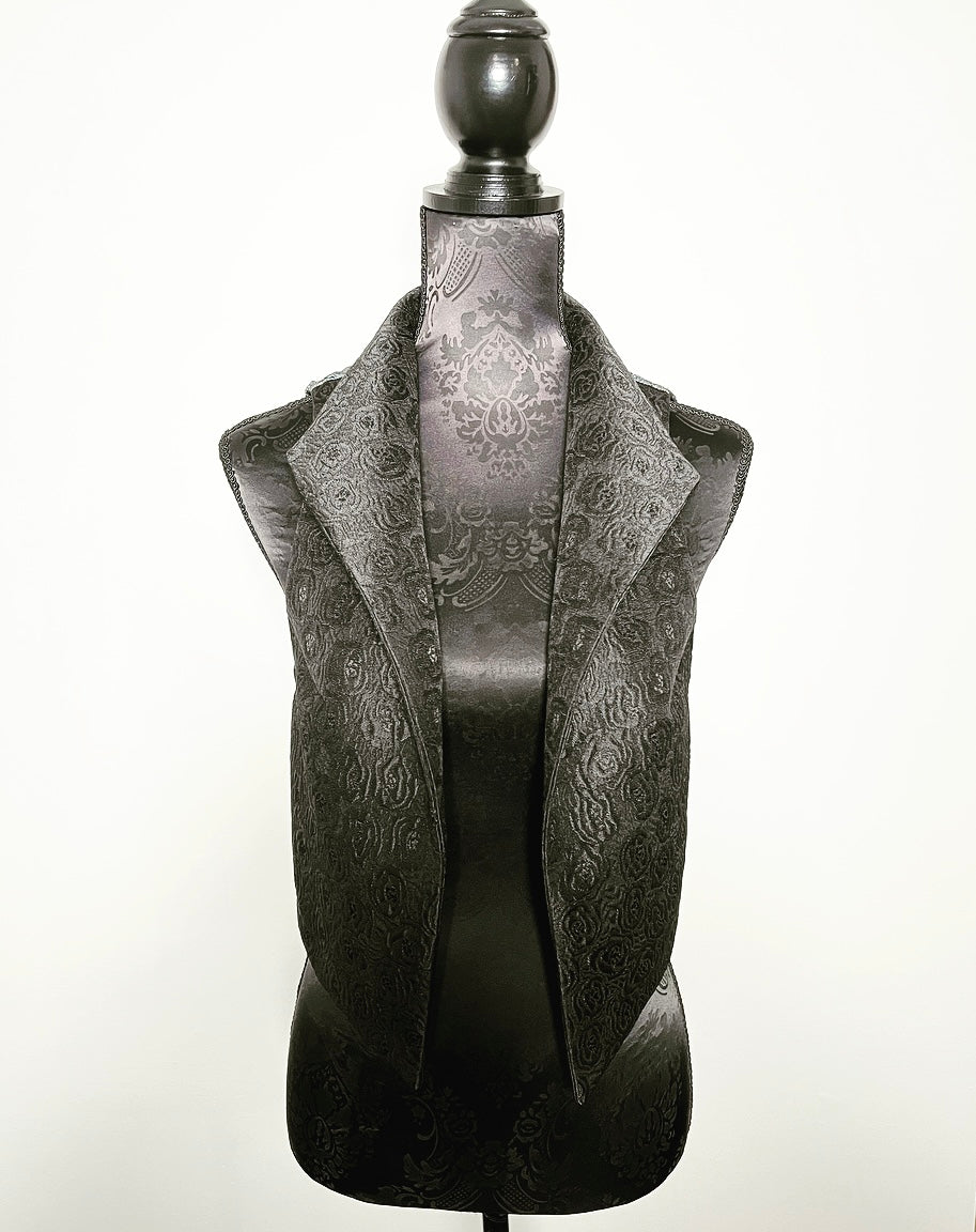 black floral brocade jacquard vest silver brocade ladies apparel stylish clothing handmade in melbourne classy elegant clothing timeless pieces timeless clothing classic style unique clothing unique style ageless style luxe fabrics statement clothing statement style evening style bold clothing floral vest stand up collar womens clothing made in australia eloise the label