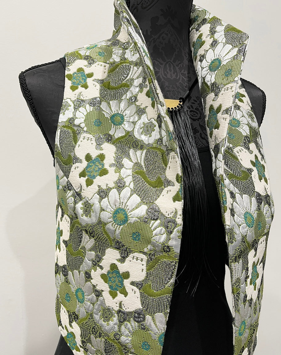 olive green floral brocade vest ladies apparel stylish clothing handmade in melbourne classy elegant clothing timeless pieces timeless clothing classic style unique clothing unique style ageless style luxe fabrics statement clothing statement style evening style clothing floral vest stand up collar womens clothing made in australia eloise the label