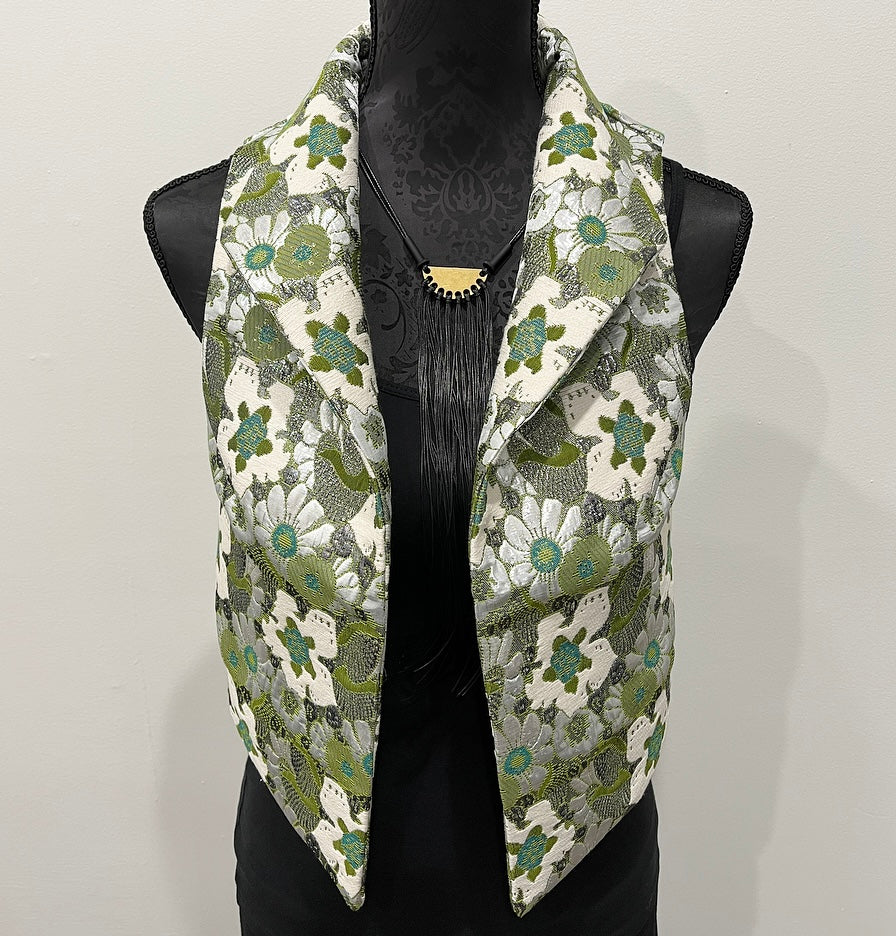 olive green floral brocade vest ladies apparel stylish clothing handmade in melbourne classy elegant clothing timeless pieces timeless clothing classic style unique clothing unique style ageless style luxe fabrics statement clothing statement style evening style clothing floral vest stand up collar womens clothing made in australia eloise the label