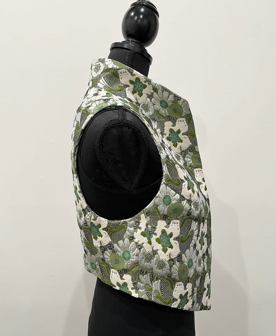 olive green floral brocade vest ladies apparel stylish clothing handmade in melbourne classy elegant clothing timeless pieces timeless clothing classic style unique clothing unique style ageless style luxe fabrics statement clothing statement style evening style clothing floral vest stand up collar womens clothing made in australia eloise the label