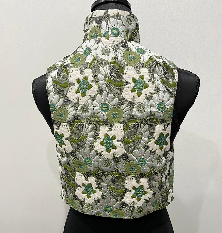 olive green floral brocade vest ladies apparel stylish clothing handmade in melbourne classy elegant clothing timeless pieces timeless clothing classic style unique clothing unique style ageless style luxe fabrics statement clothing statement style evening style clothing floral vest stand up collar womens clothing made in australia eloise the label