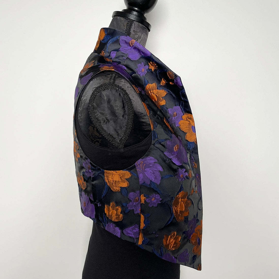 purple floral brocade vest ladies apparel stylish clothing handmade in melbourne classy elegant clothing timeless pieces timeless clothing classic style unique clothing unique style ageless style luxe fabrics statement clothing statement style evening style clothing floral vest stand up collar womens clothing made in australia eloise the label