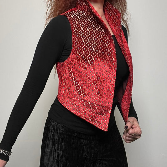 red velvet womens vest ladies apparel stylish clothing handmade in melbourne classy elegant clothing timeless pieces timeless clothing classic style unique clothing unique style ageless style luxe fabrics statement clothing statement style evening style clothing stand up collar vest womens clothing made in australia eloise the label