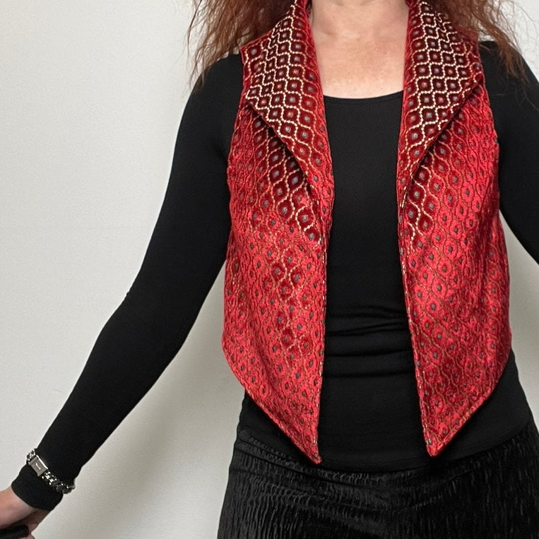 red velvet womens vest ladies apparel stylish clothing handmade in melbourne classy elegant clothing timeless pieces timeless clothing classic style unique clothing unique style ageless style luxe fabrics statement clothing statement style evening style clothing stand up collar vest womens clothing made in australia eloise the label