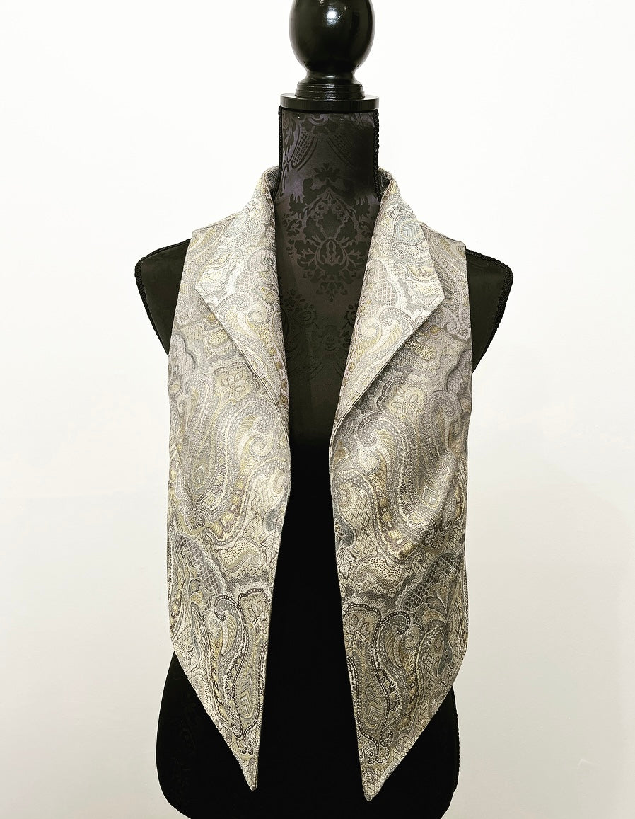 silver gold paisley brocade vest womens vest ladies apparel stylish clothing handmade in melbourne classy elegant clothing timeless pieces timeless clothing classic style unique clothing unique style ageless style luxe fabrics statement clothing statement style evening style clothing stand up collar luxe jacquard vest silver grey womens clothing made in australia eloise the label