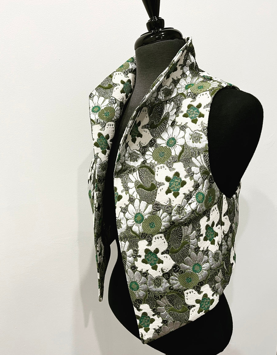 olive green floral brocade vest ladies apparel stylish clothing handmade in melbourne classy elegant clothing timeless pieces timeless clothing classic style unique clothing unique style ageless style luxe fabrics statement clothing statement style evening style clothing floral vest stand up collar womens clothing made in australia eloise the label