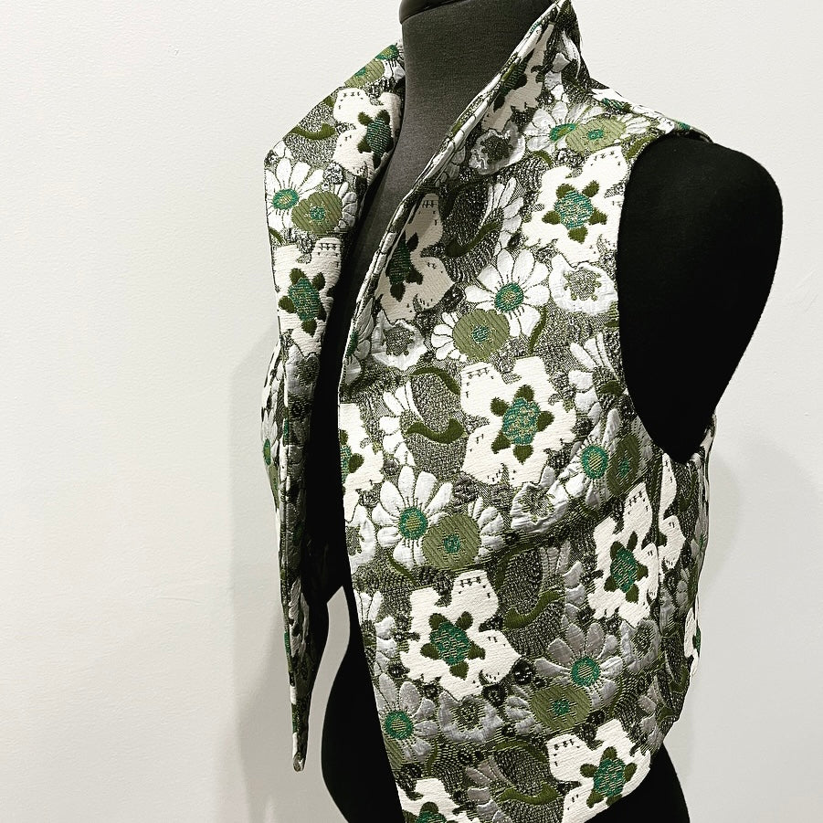 olive green floral brocade vest ladies apparel stylish clothing handmade in melbourne classy elegant clothing timeless pieces timeless clothing classic style unique clothing unique style ageless style luxe fabrics statement clothing statement style evening style clothing floral vest stand up collar womens clothing made in australia eloise the label
