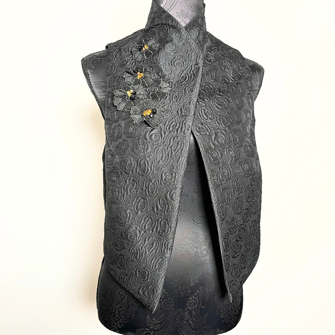 Nikita Vest - Black floral jacquard with beaded lace motifs - One Of A Kind