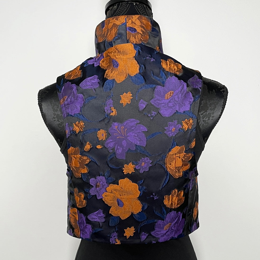 purple floral brocade vest ladies apparel stylish clothing handmade in melbourne classy elegant clothing timeless pieces timeless clothing classic style unique clothing unique style ageless style luxe fabrics statement clothing statement style evening style clothing floral vest stand up collar womens clothing made in australia eloise the label